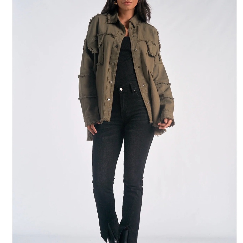 Women’s Olive Green Graphic Long Jacket - All You Need Is Love - Picture 4 of 10